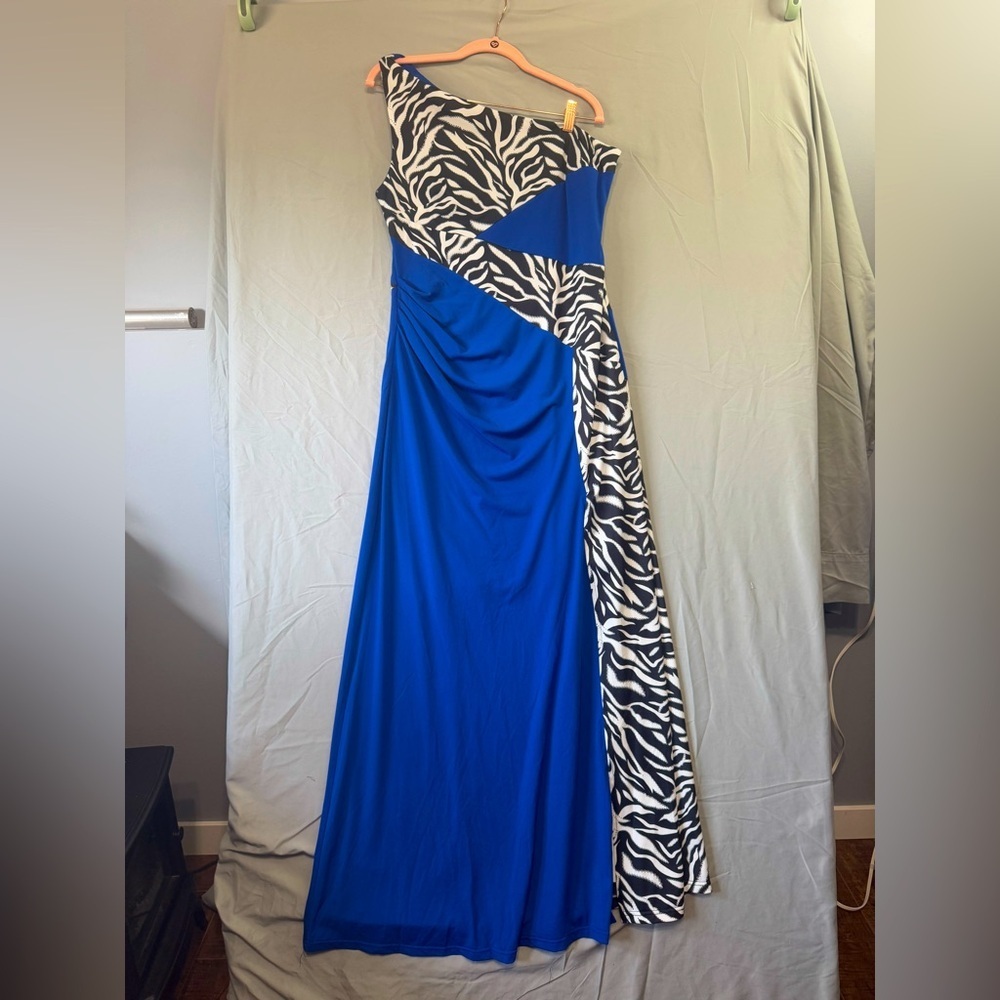 Womens One Shoulder Zebra Splicing Slit Long Evening Dress XL Prom Gala NWT